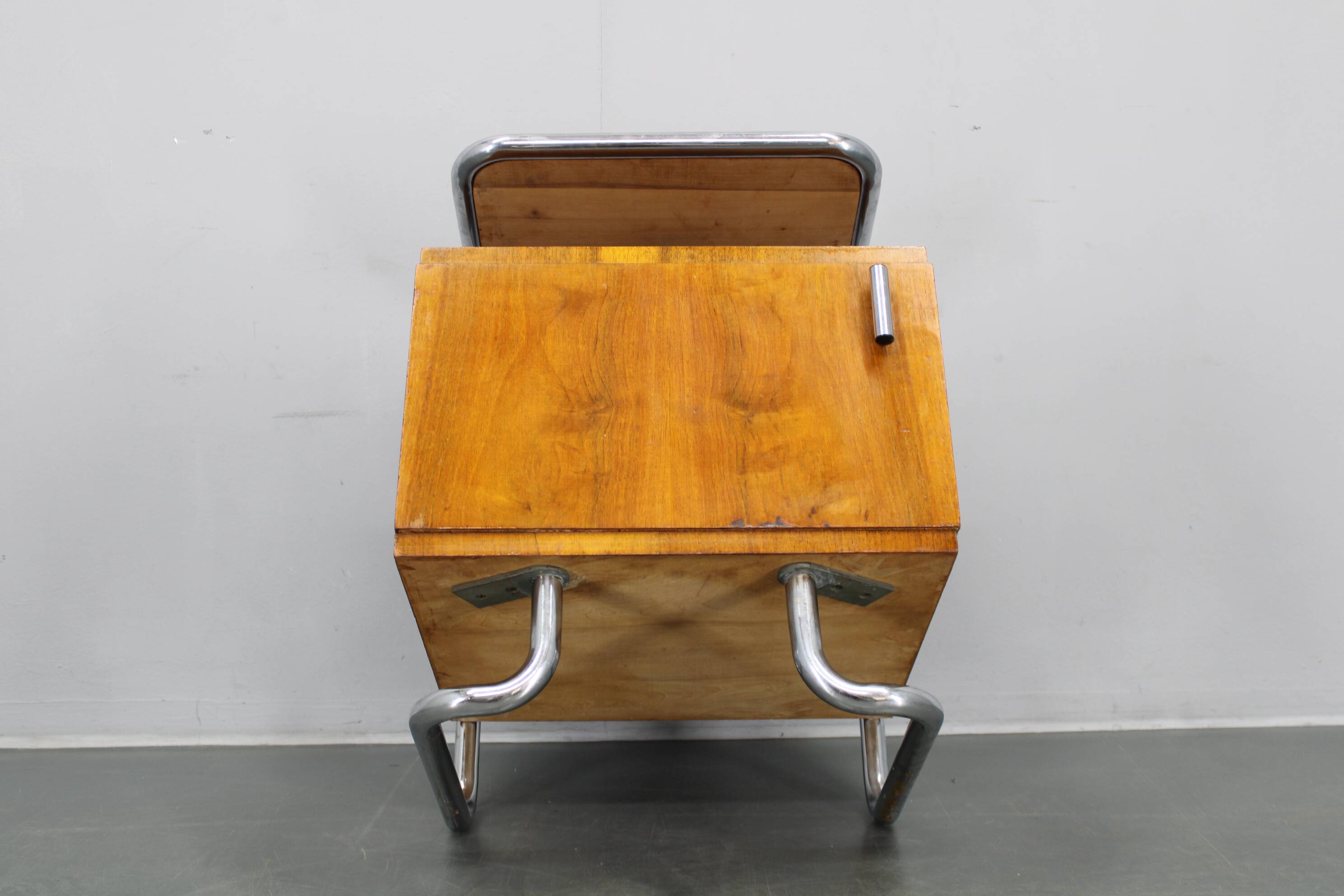 Restored Bauhaus chrome and walnut nightstand, Czechoslovakia 1940s