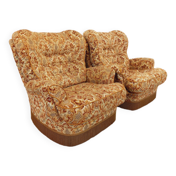 Set of 2 vintage armchairs in floral fabric with fringes from the 60s 70s