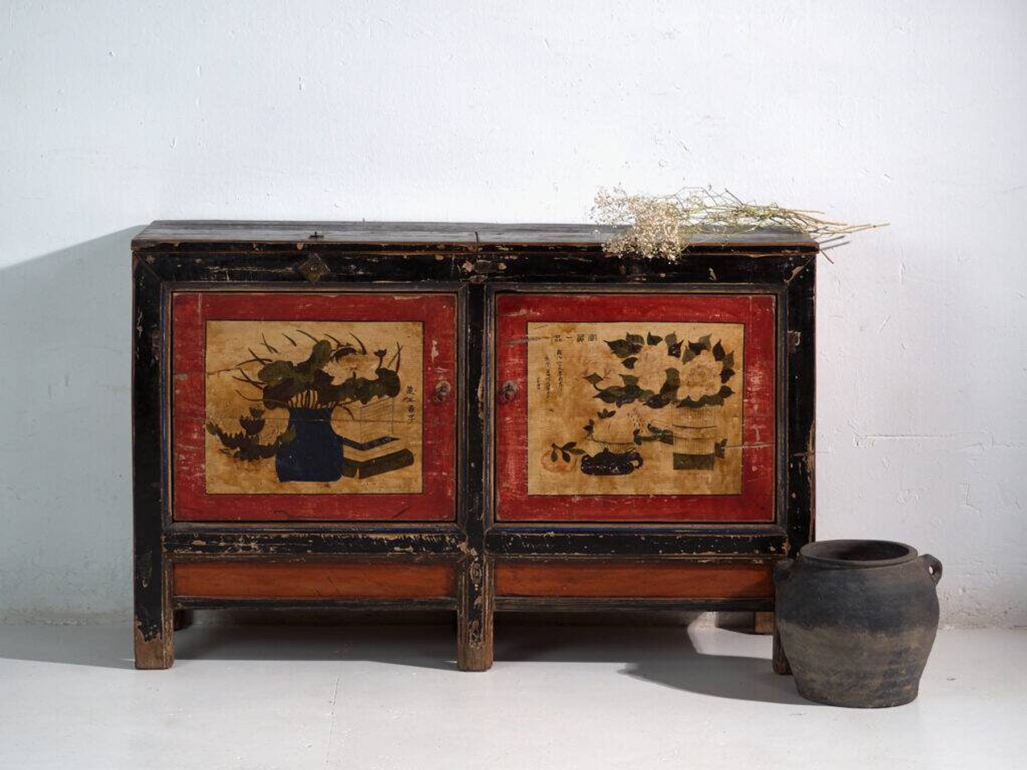Antique lacquered pine buffet with painted lotus motifs – China, circa 1920