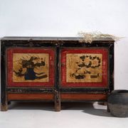 Antique lacquered pine buffet with painted lotus motifs – China, circa 1920
