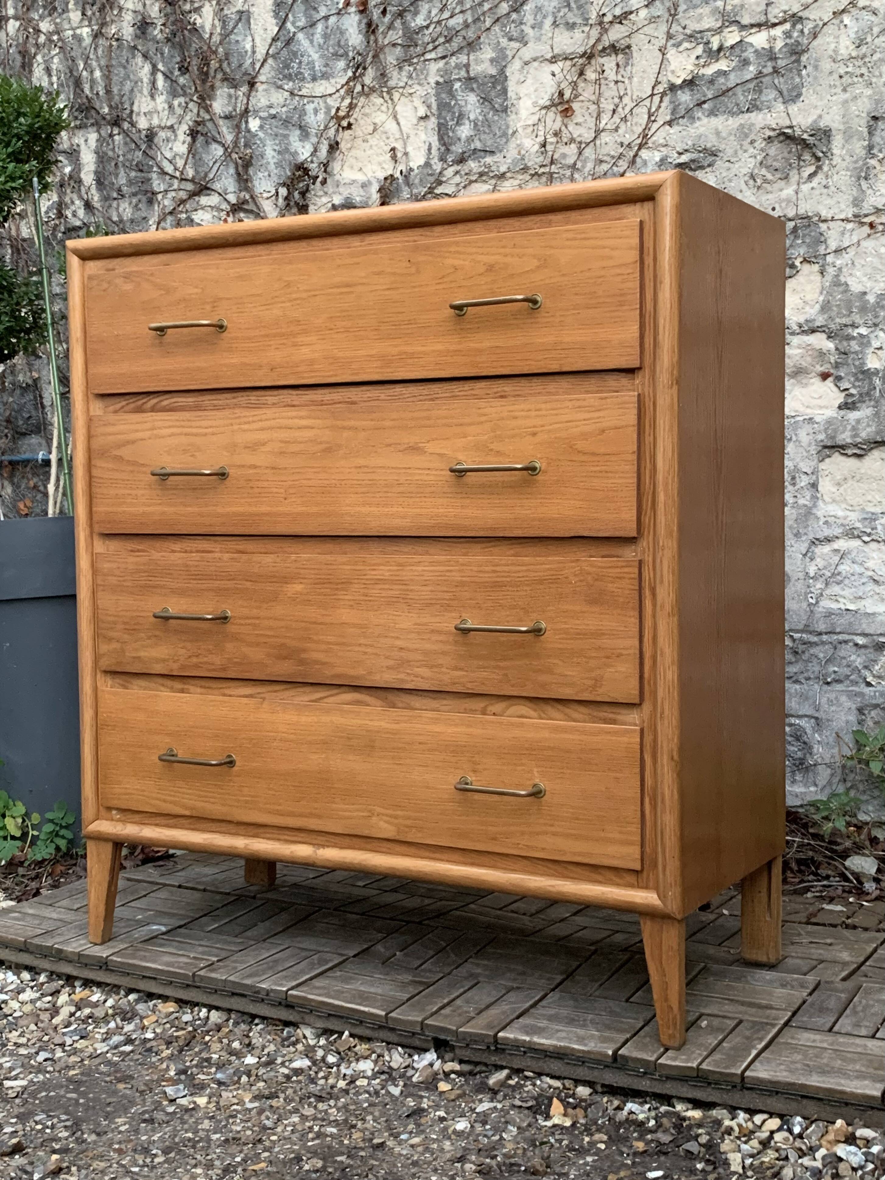 Vintage chest of drawers with compass feet, oak, original patina, 1950s