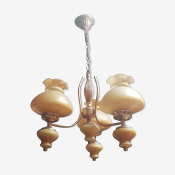 3-branch suspension art deco chandelier with opaline tulip globe