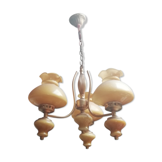 3-branch suspension art deco chandelier with opaline tulip globe