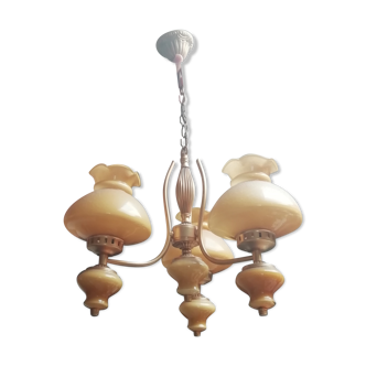 Lustre art déco 3 branches avec globe tulipes opaline