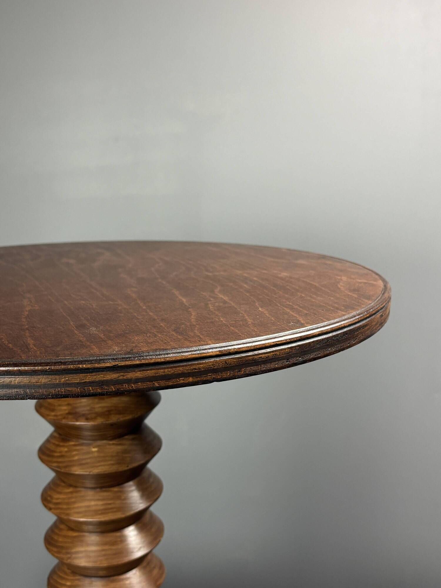 Midcentury brutalist wood turned side table, Charles Dudouyt style, 1950s