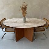 Travertine and wood dining table
