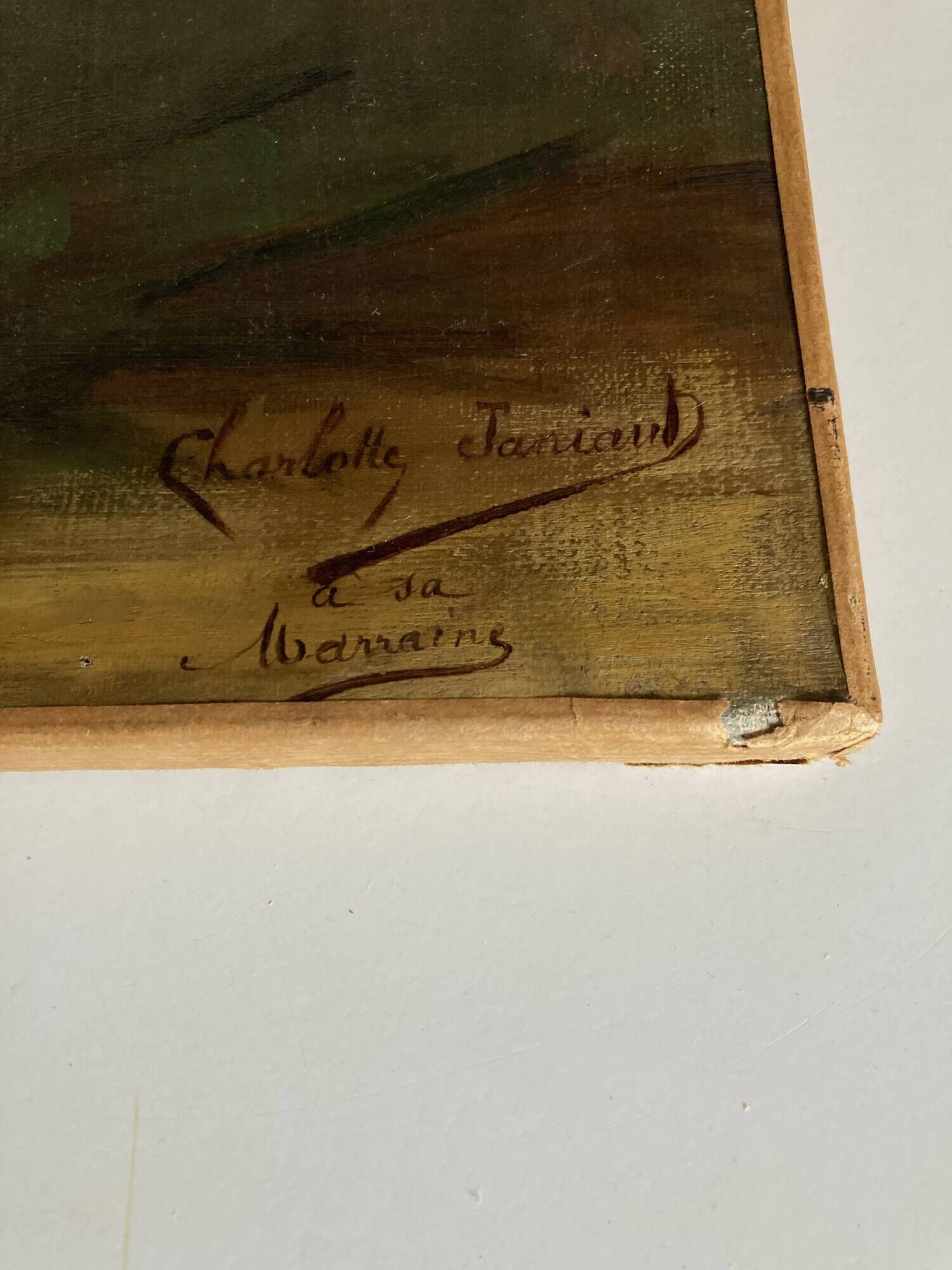 Oil on canvas signed Charlotte to her godmother dahlias 1900