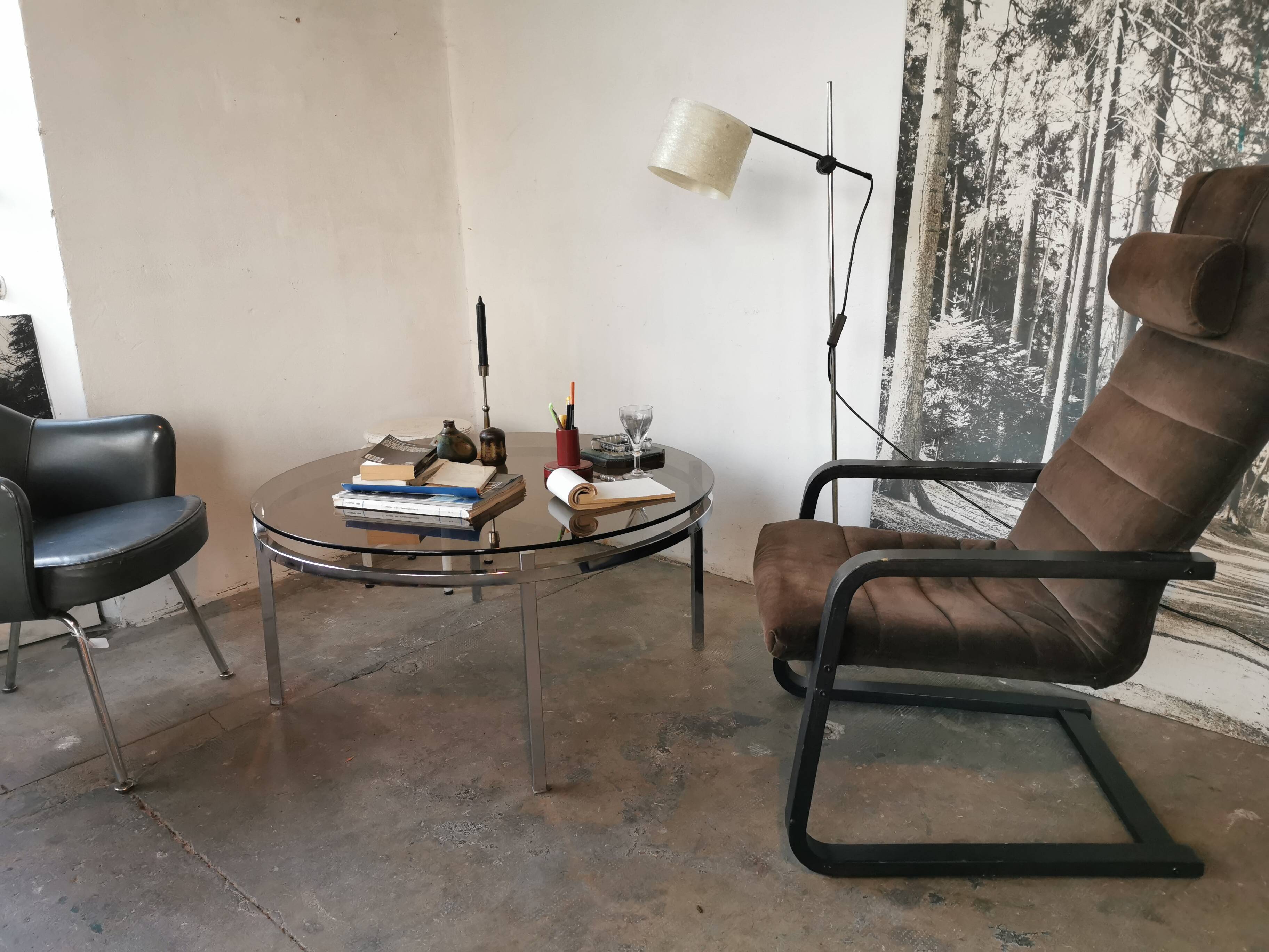 Round coffee table, chrome and smoked glass