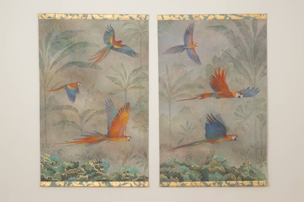 Painted canvas featuring parrots in a tropical forest. Contemporary.