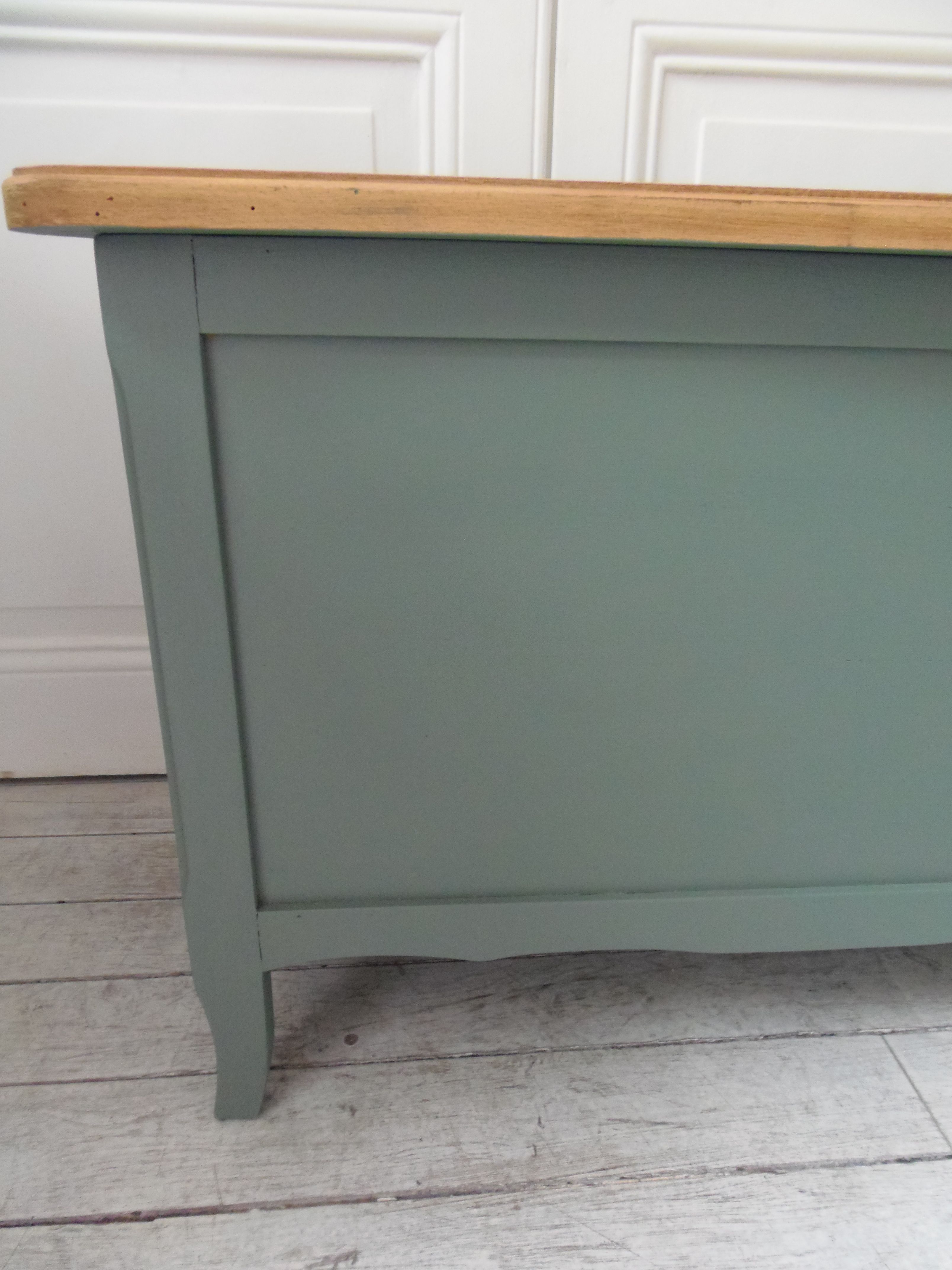 Vintage toy chest green of gray waxed finish, waxed top medium oak.