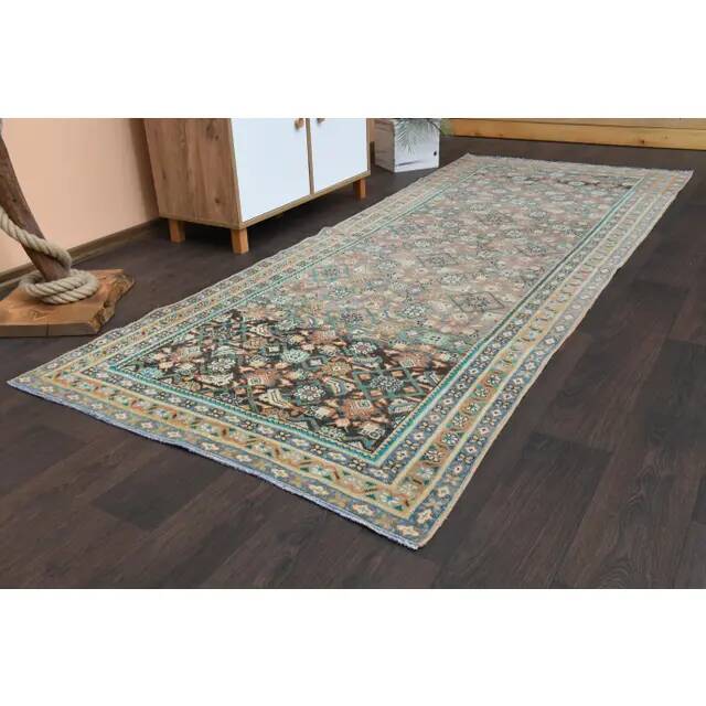 Vintage Turkish Oushak Handmade Wool Cotton Brown Runner Rug 118x301