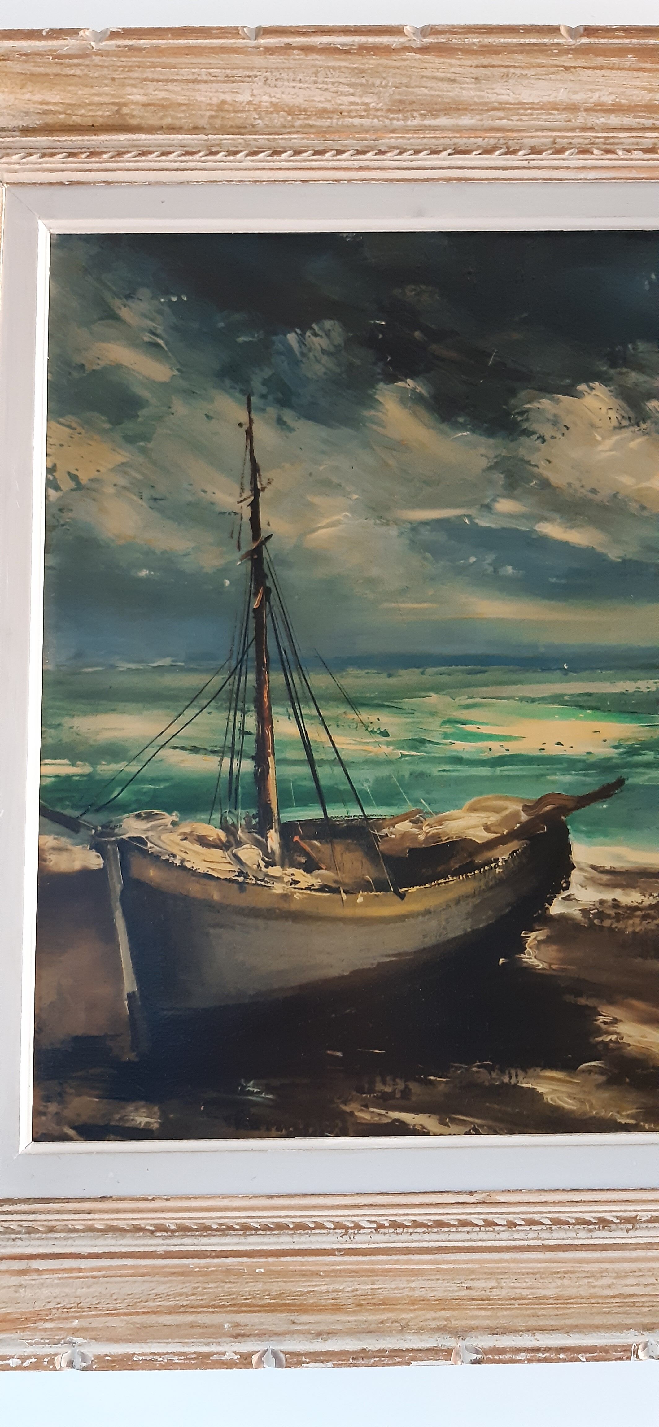 Tableau huile sur toile voilier signé vintage
