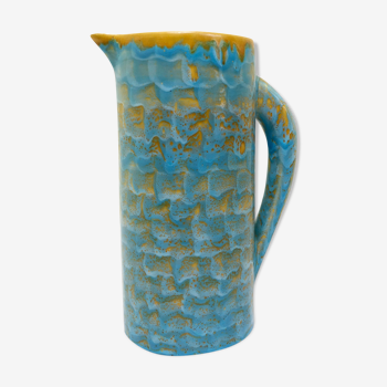 Yellow and blue ceramic pitcher