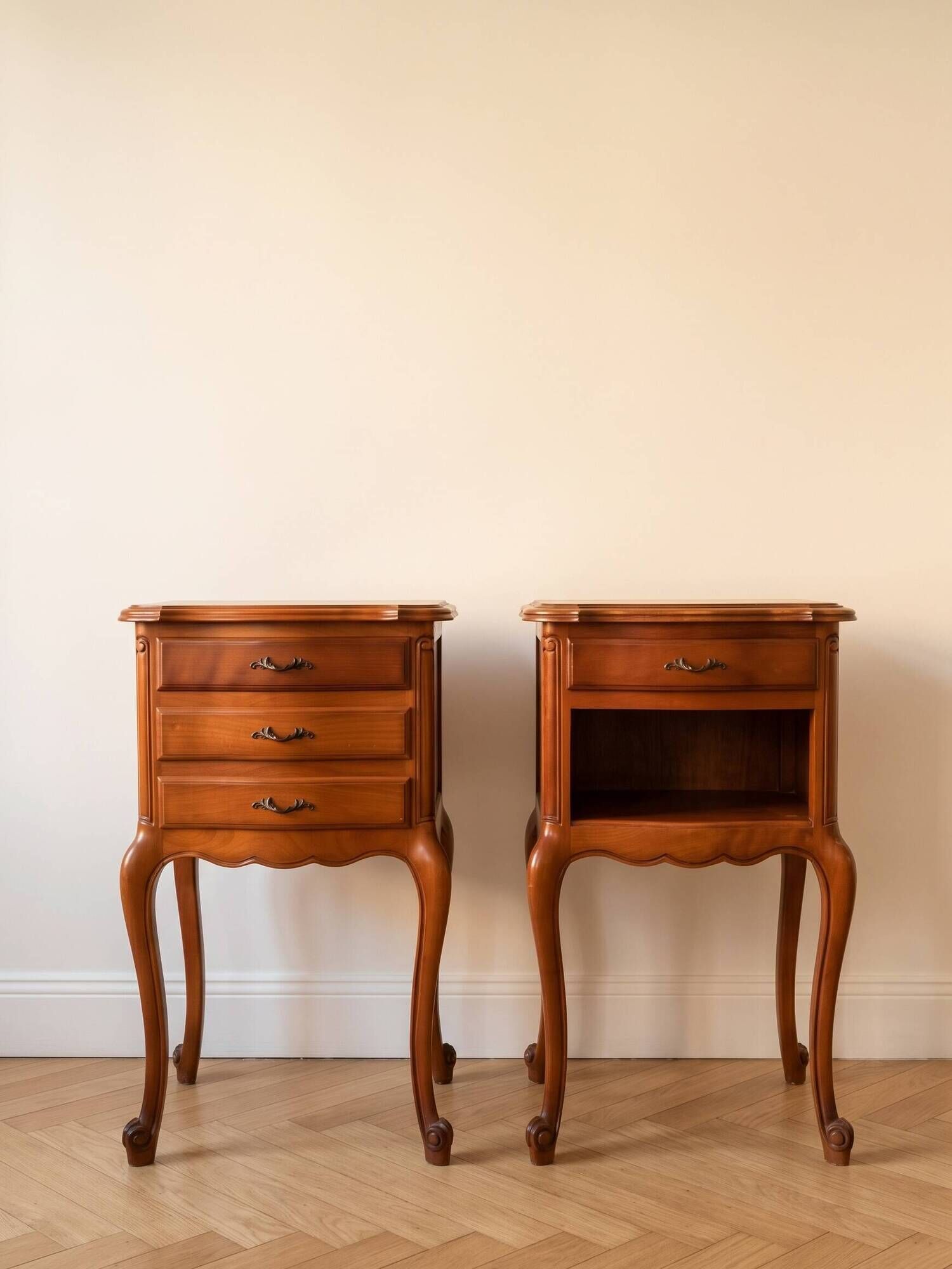 Pair of Regency style bedside tables in cherry wood.