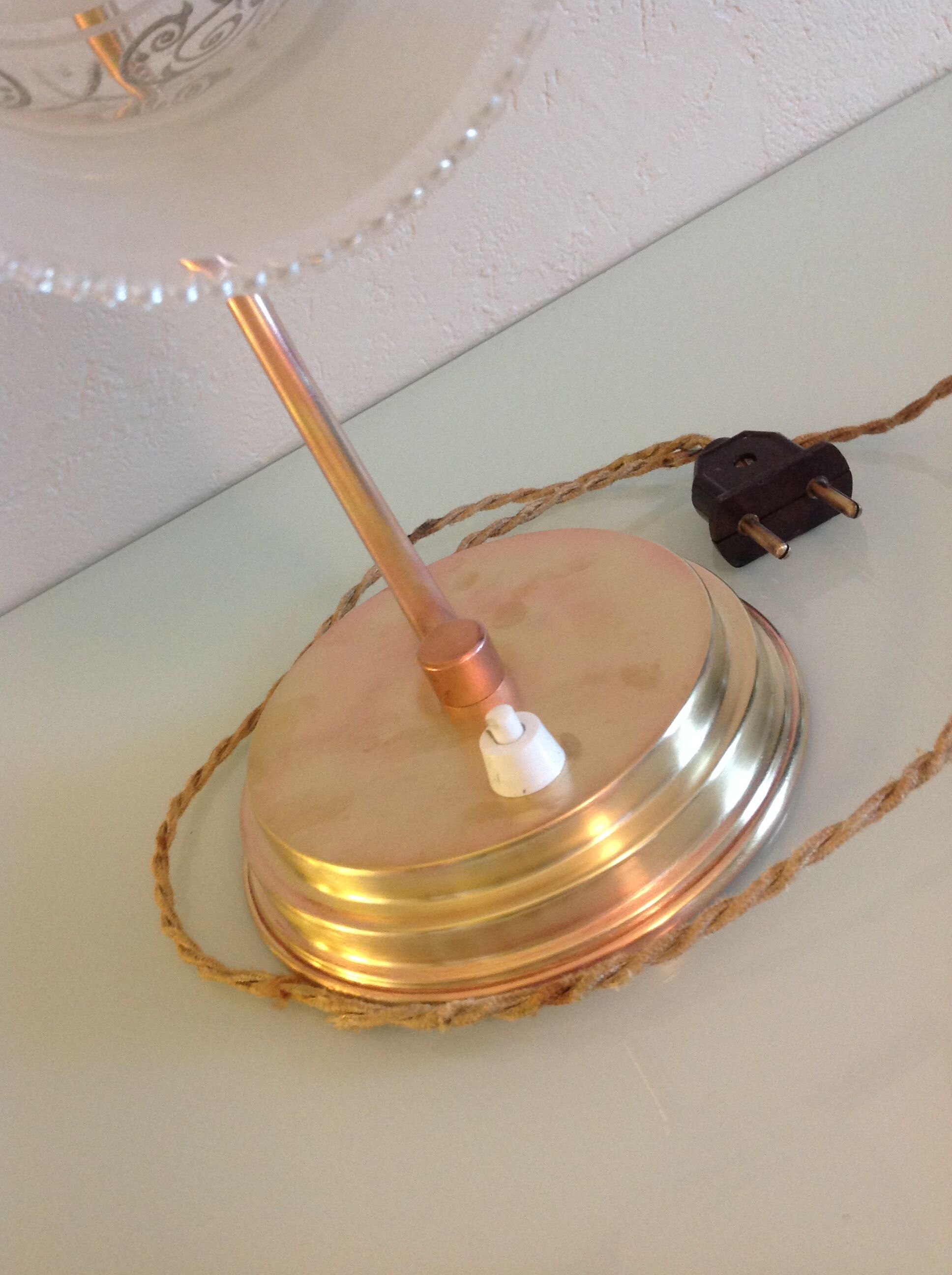 Brass bedside lamp and glass silkscreen vintage 50-60 years