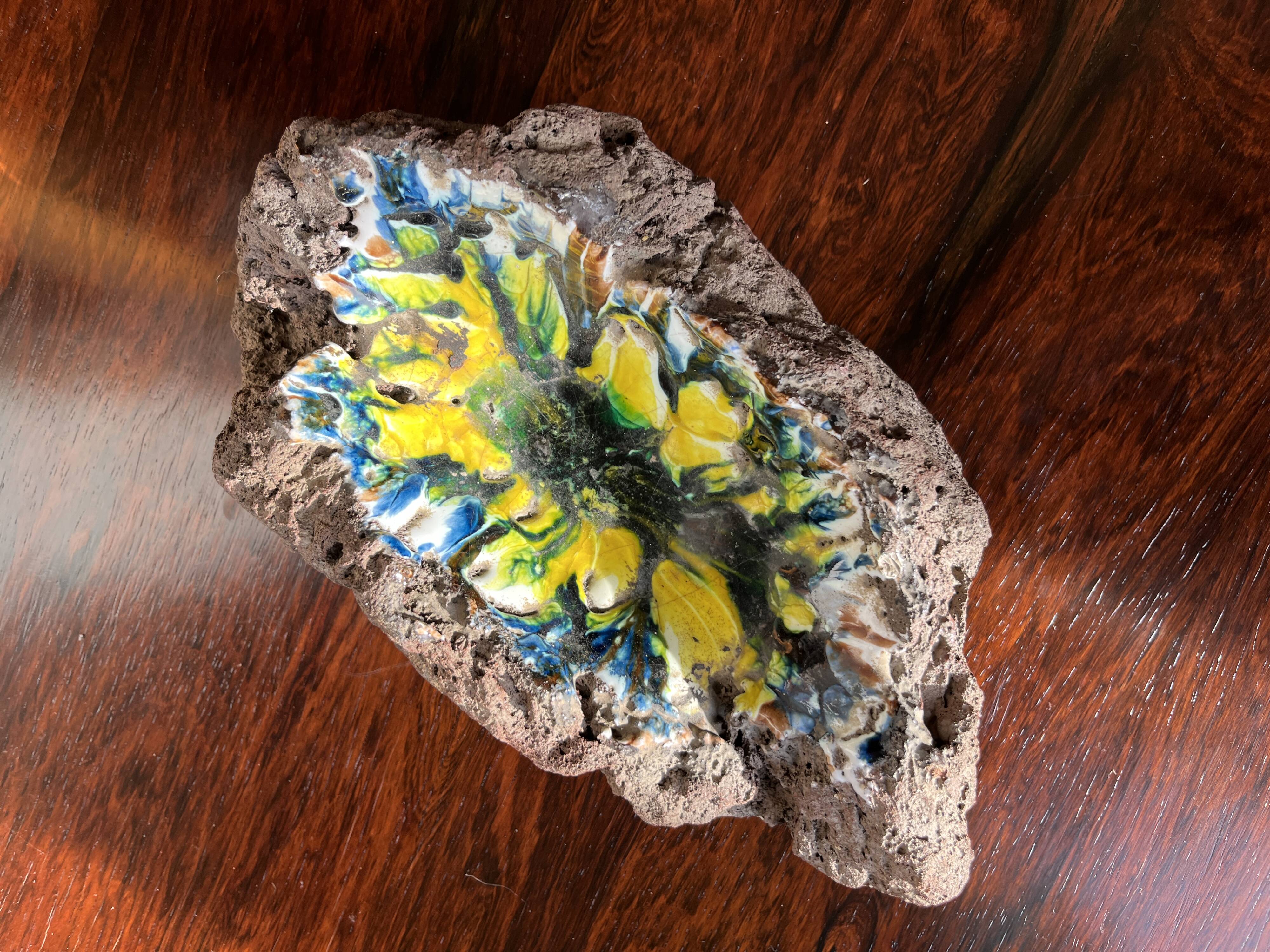 Brutalist vintage enameled volcanic lava trinket dish