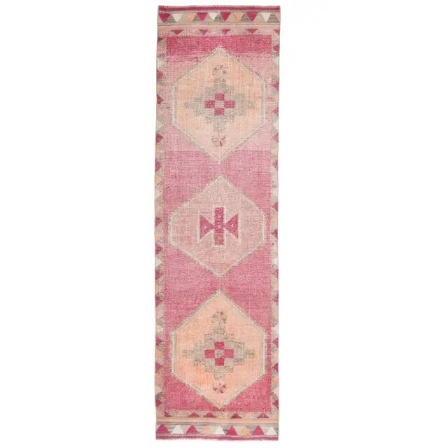 Vintage Turkish Hand-Knotted Wool Cotton Pink Runner Rug 96x365