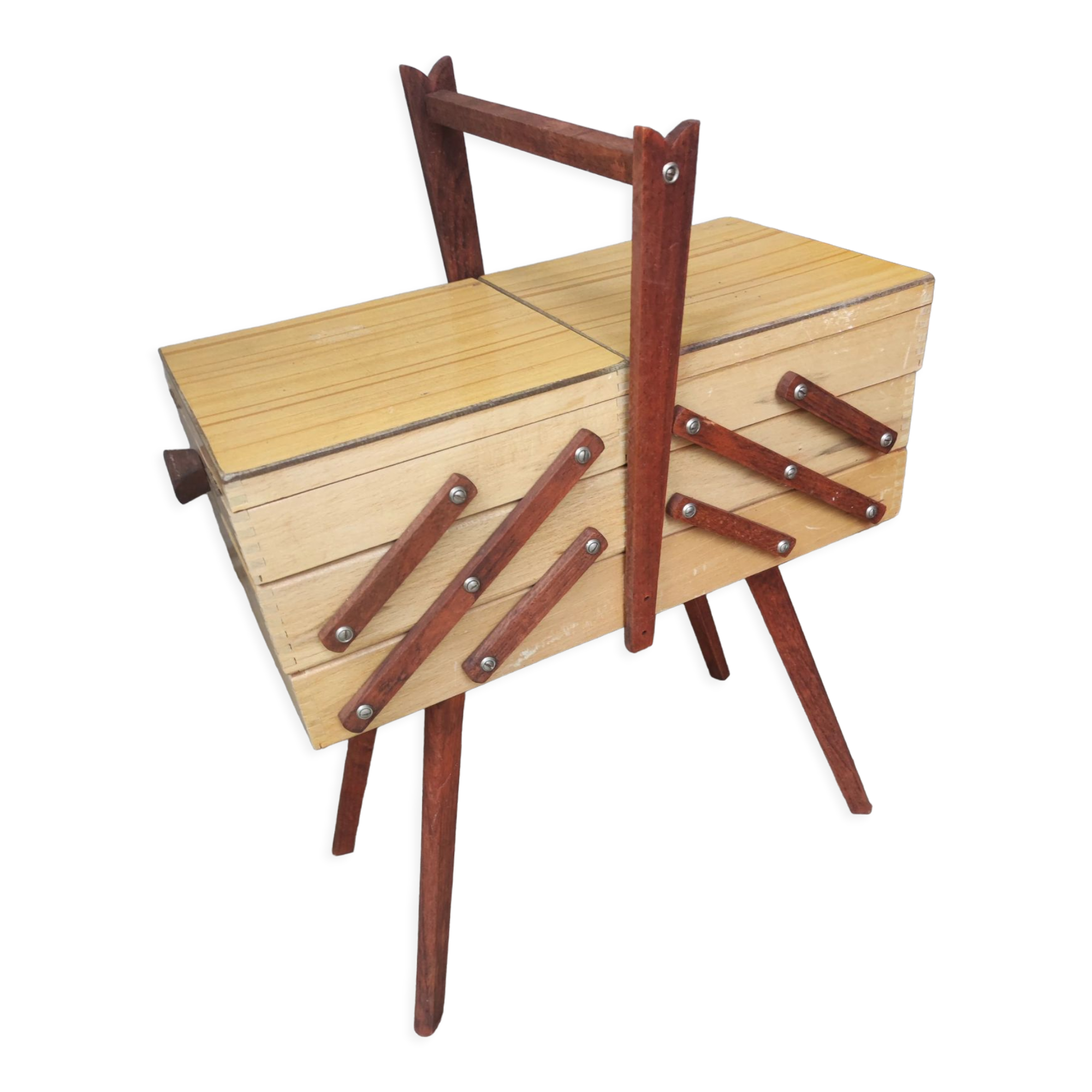 Sewing box worker wood feet compass vintage Scandinavian design