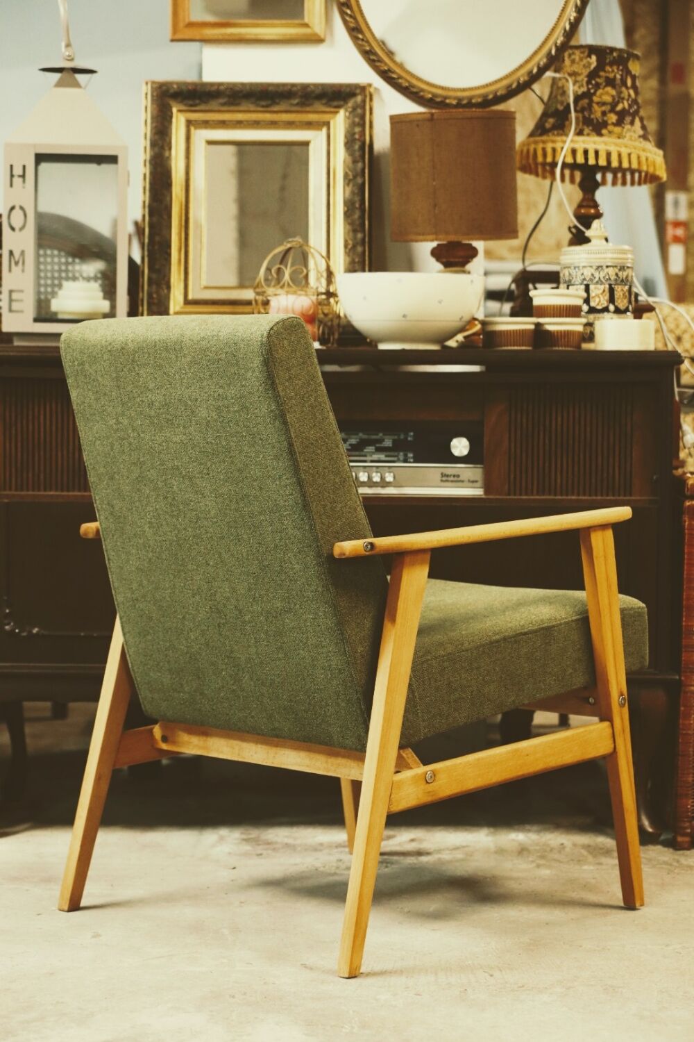 Vintage wood armchair boho green leaf oryginal from Mid century modern 1970 light wood chair salon