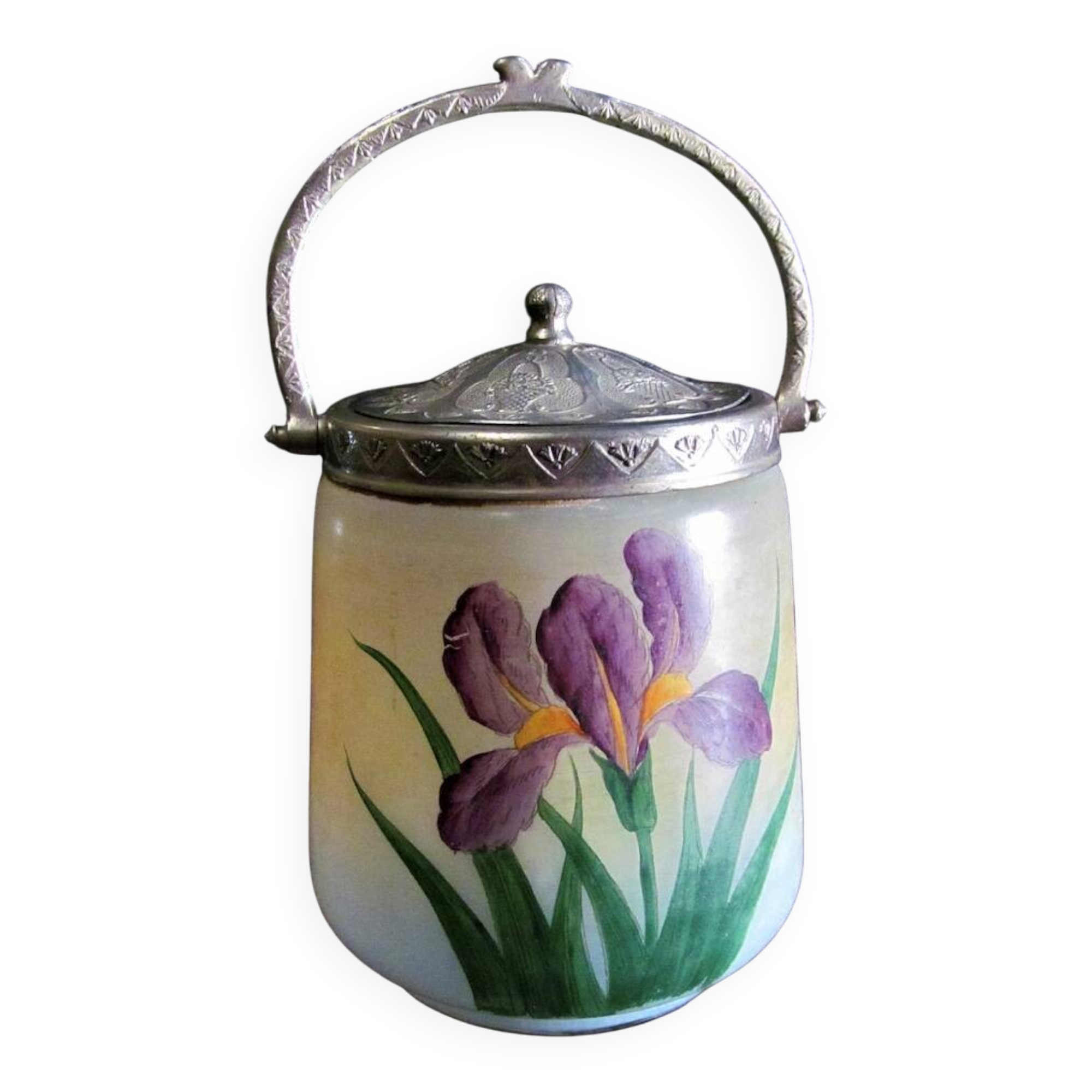 Art Nouveau Opal Glass Biscuit Jar: Hand-Painted Iris, French Candy Jar