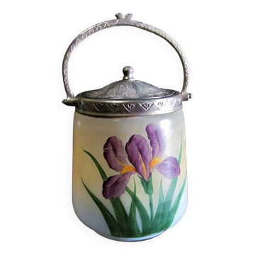 Art Nouveau Opal Glass Biscuit Jar: Hand-Painted Iris, French Candy Jar
