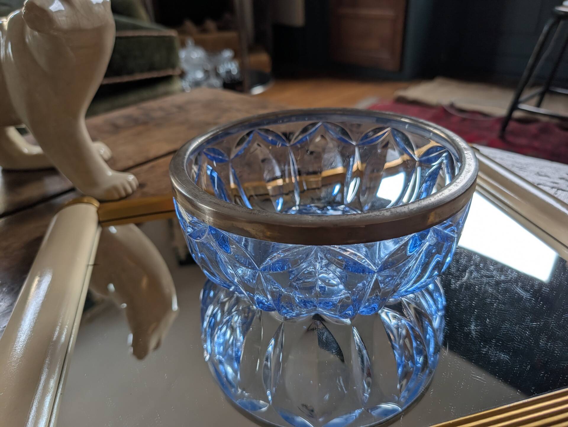 Cut blue glass bowl, silver-plated rim – 1950s-1970s