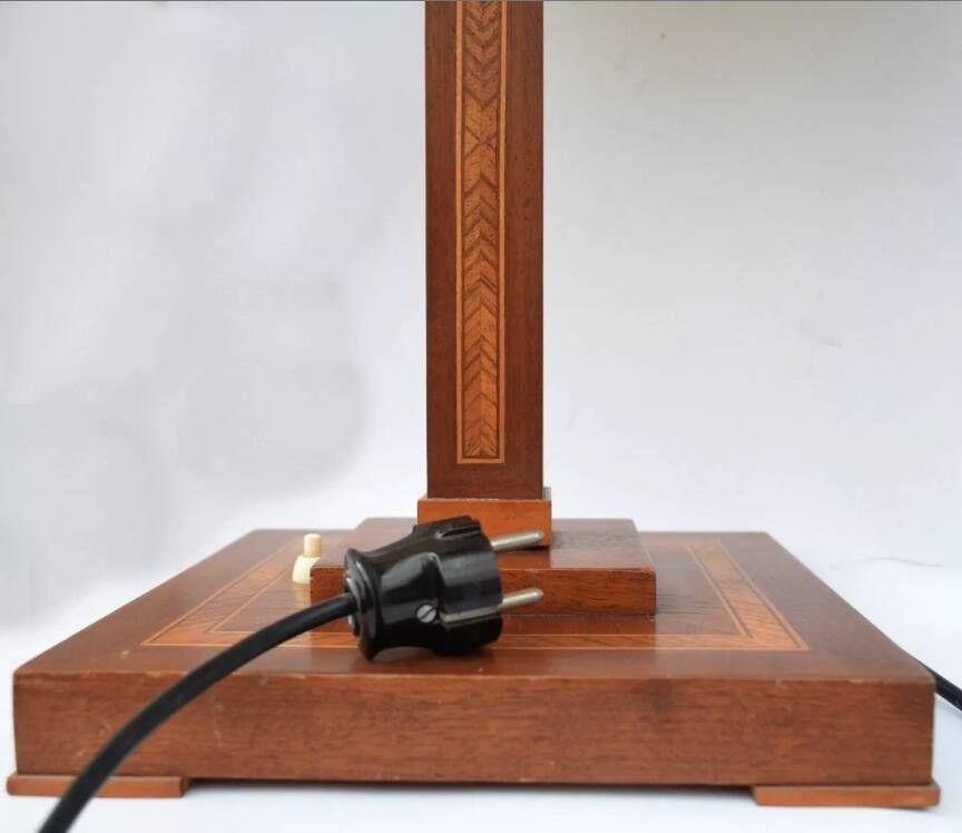 Vintage Wooden Table Lamp with Geometric Marquetry Inlay – Fabric Lampshade