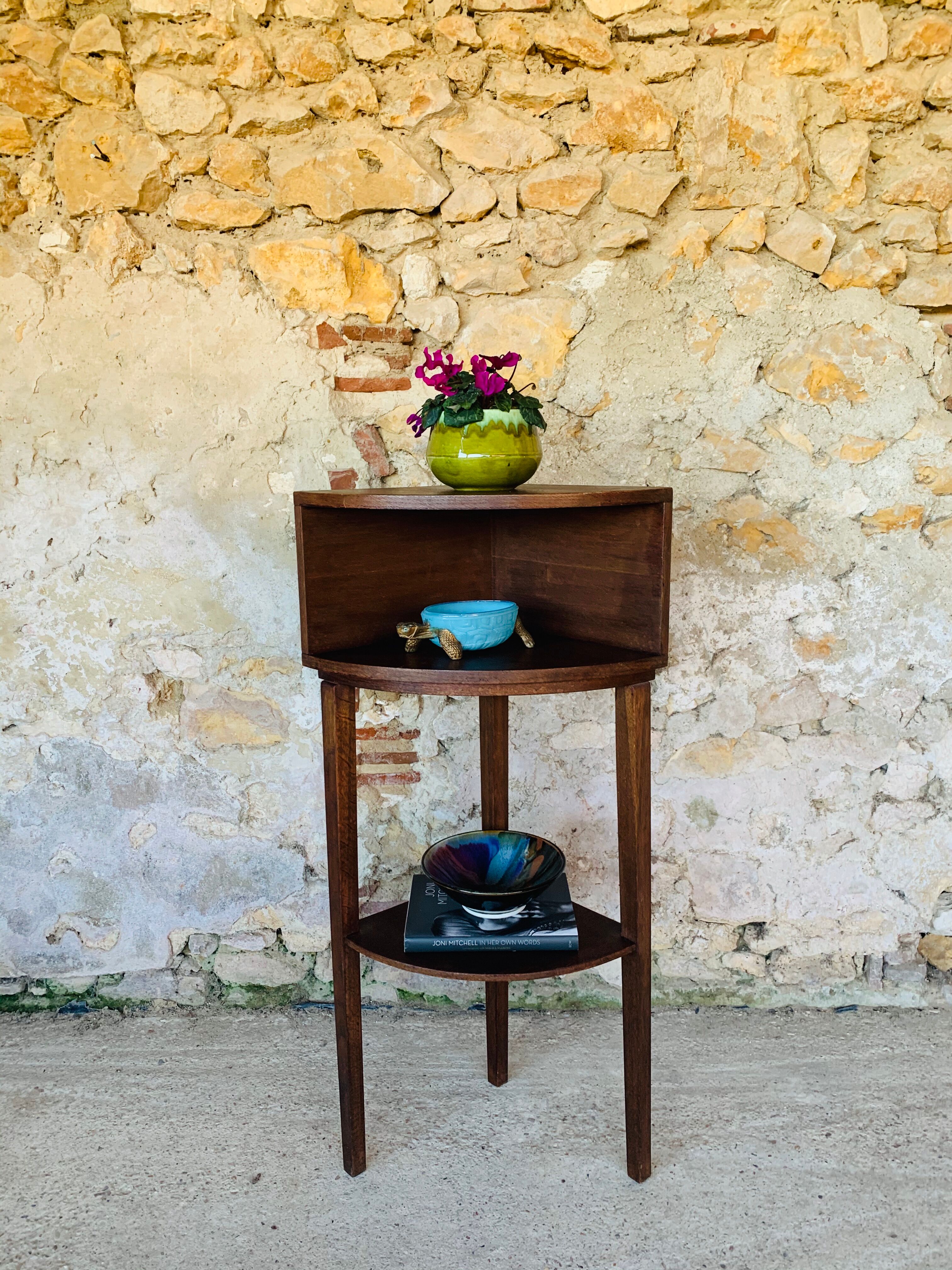 Vintage corner shelf on tripod legs, circa 50/60