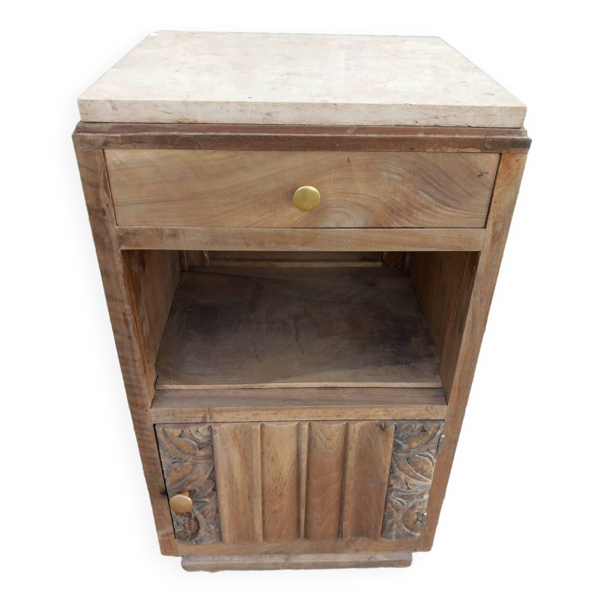 Petit meuble/chevet bois ancien et marbre rose