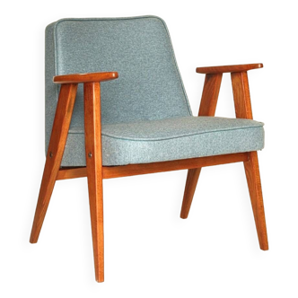 Fauteuil vintage Design moderne du milieu du siècle par Chierowski 1962 Salon contemporain Fauteuil design scandinave tissu en laine oiseau bleu couleur bois de teck