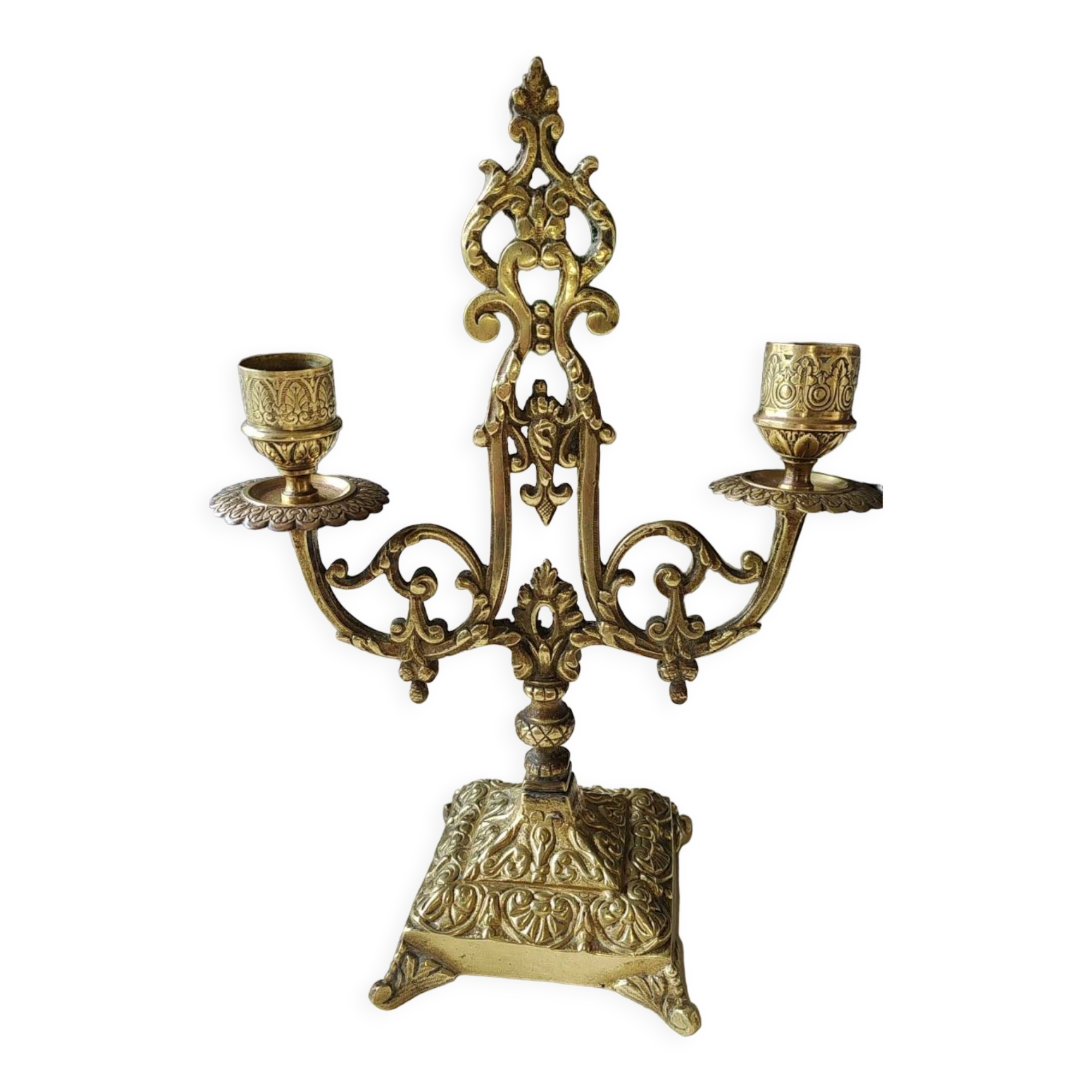 Altar candlestick with 2 branches, napoleon iii style, bronze patina old gold