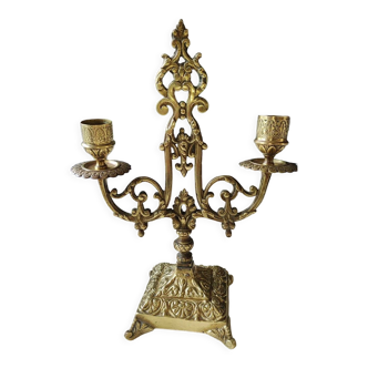Altar candlestick with 2 branches, napoleon iii style, bronze patina old gold