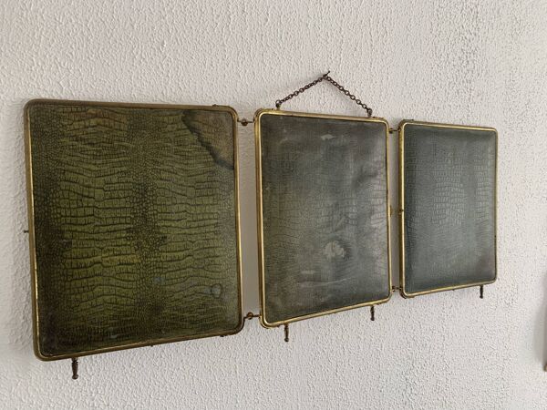 Miroir vintage 1920 triptyque barbier doré simili crocodile vert - 37 x 87