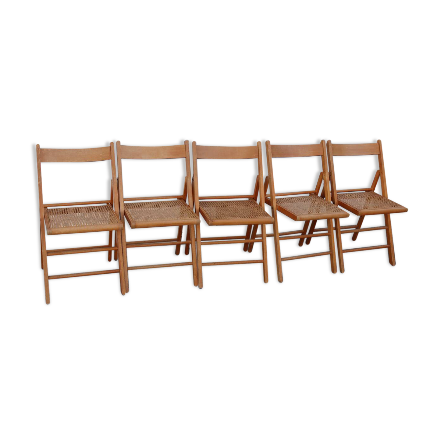 Set of 5 vintage folding chairs in beech and cane – Italy, 1970s