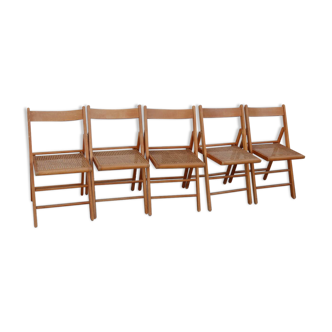 Set of 5 vintage folding chairs in beech and cane – Italy, 1970s