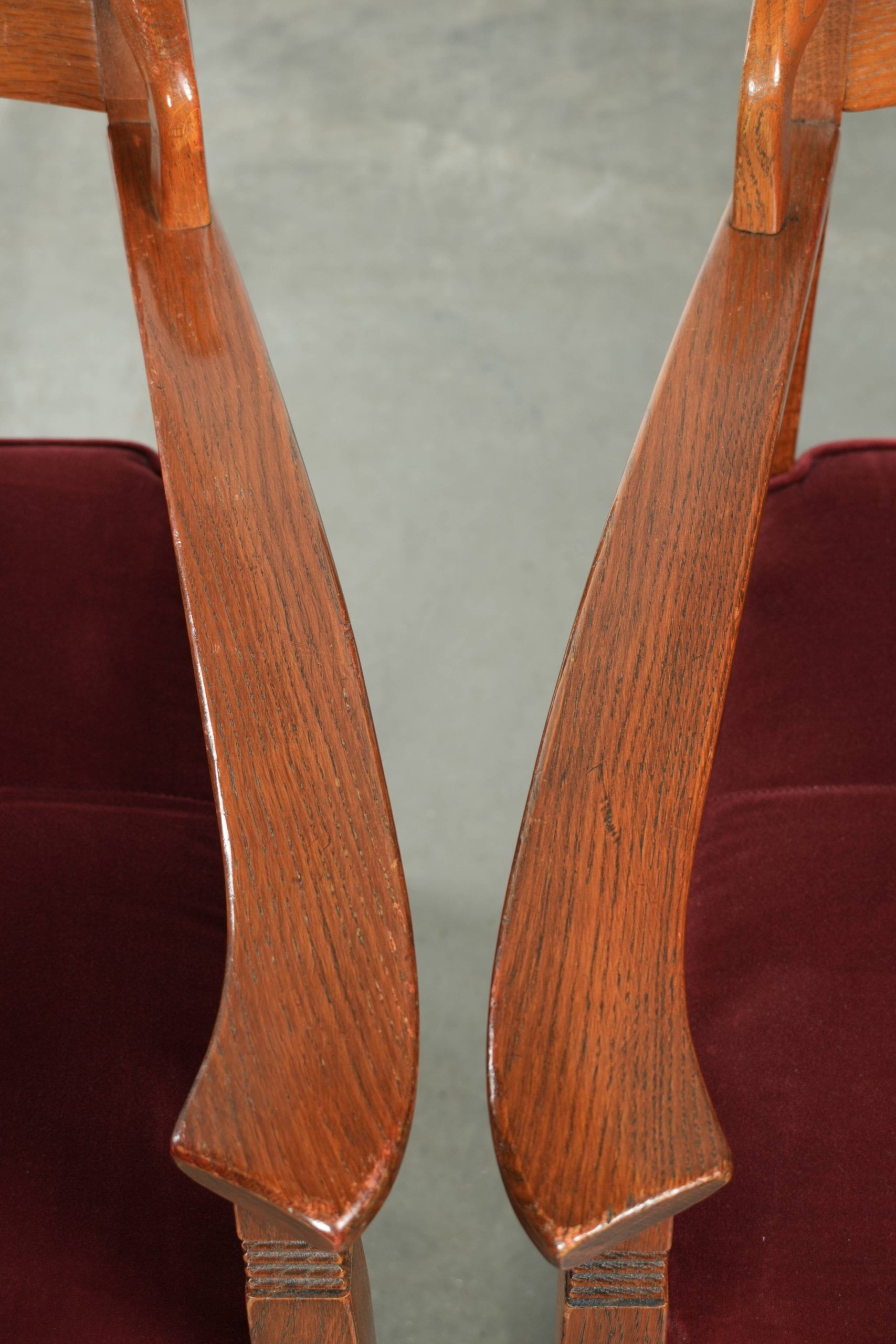 Set of two Art Nouveau design dining chairs with  red fabric upholstery