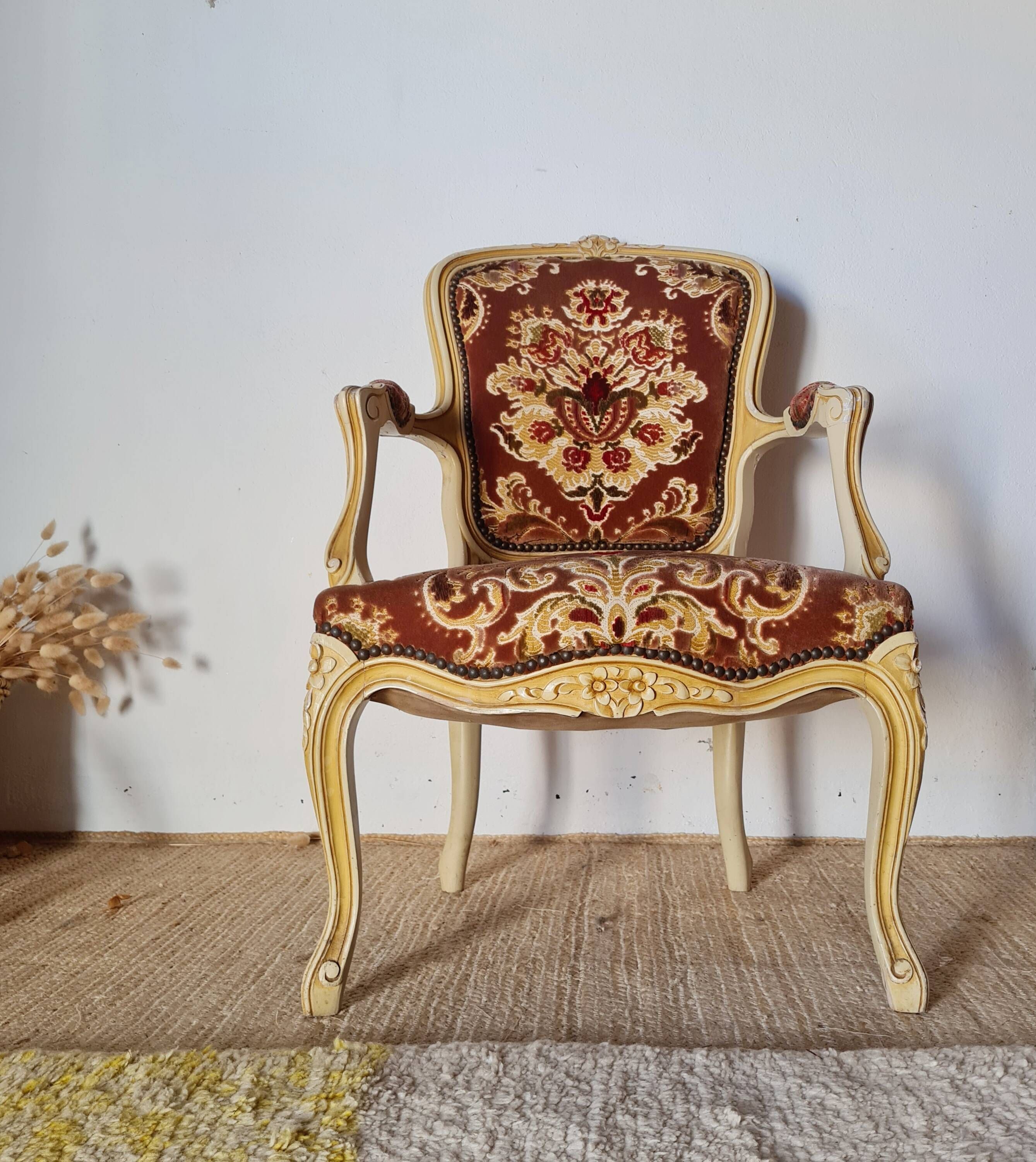 Louis XV style cabriolet armchair - floral velvet seat
