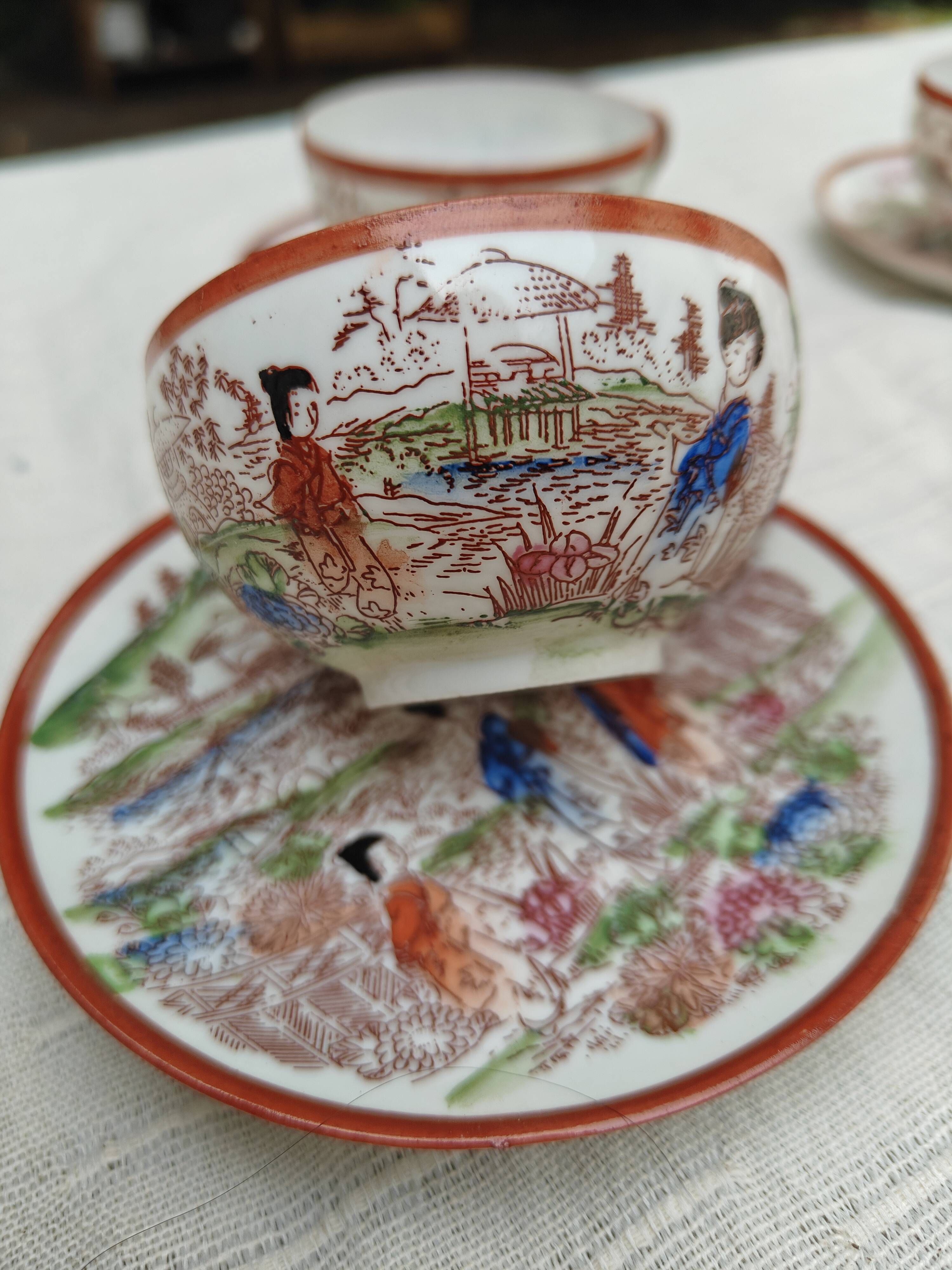 Vintage Japanese tea/coffee service, egg shell porcelain & enamels for 5 people.