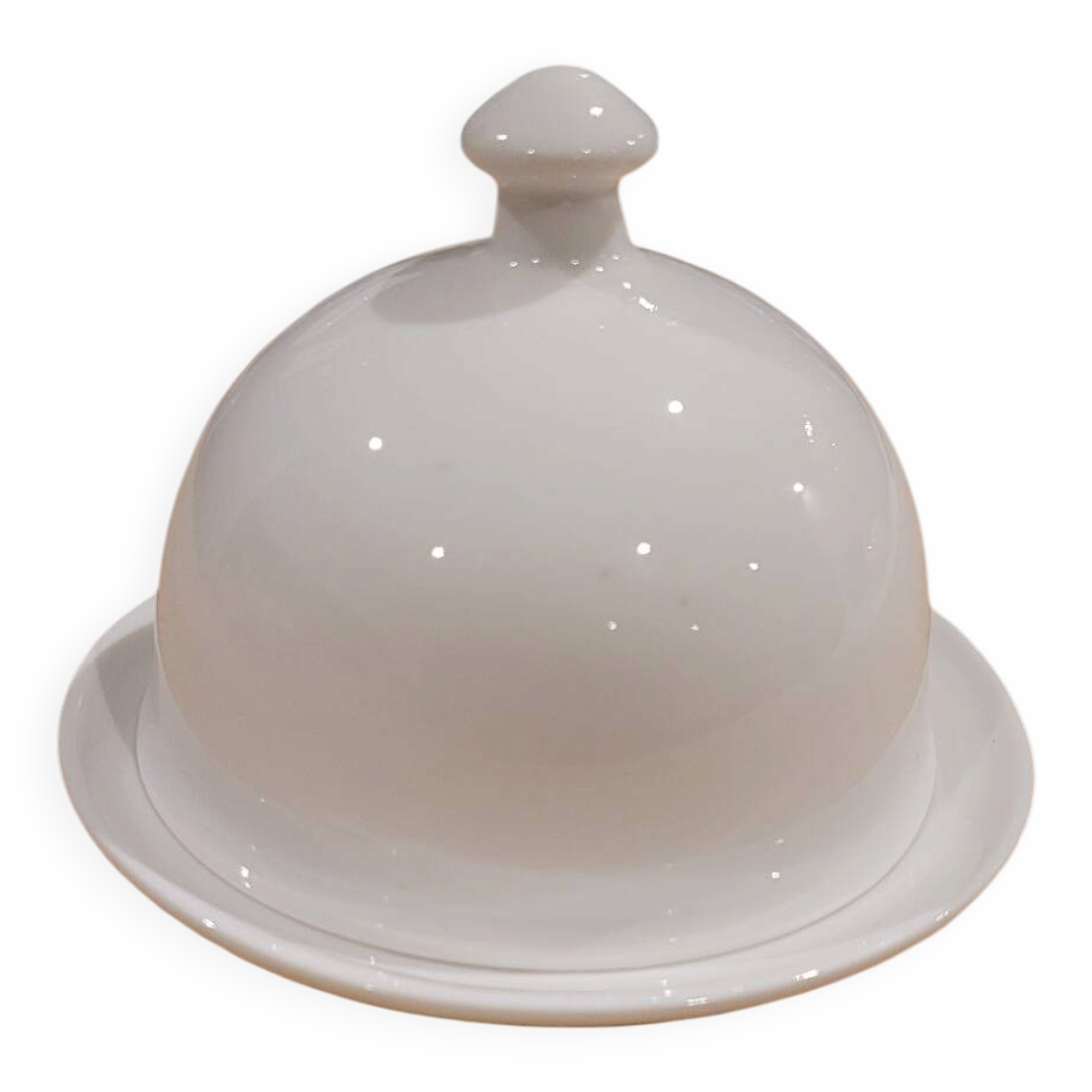 White porcelain butter dish accompanied by its matching bell.