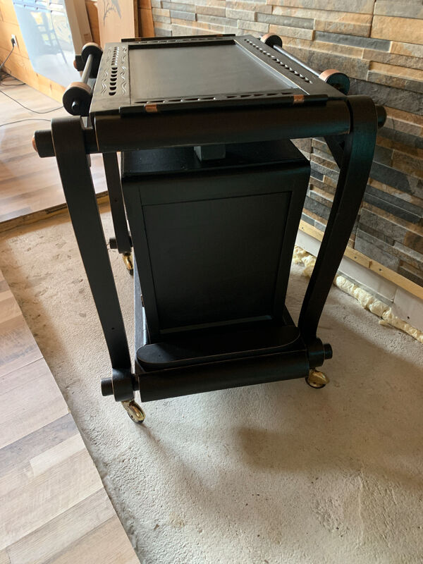 Bar roulant vintage rénové noir & cuivre avec plateau de service amov
