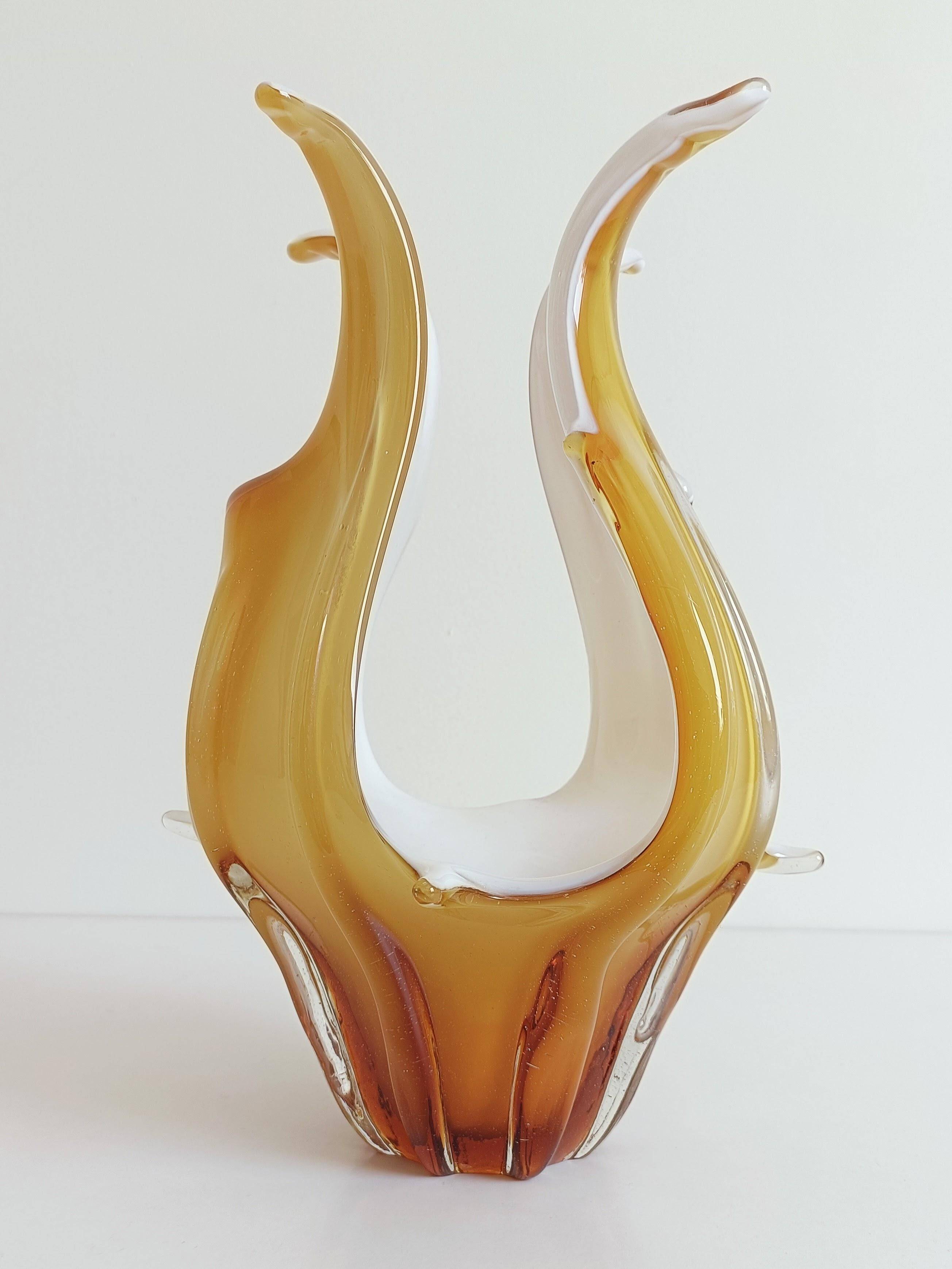 Mid-Century Modern Murano Glass Vase, Amber & Opal, Italy, 1960s