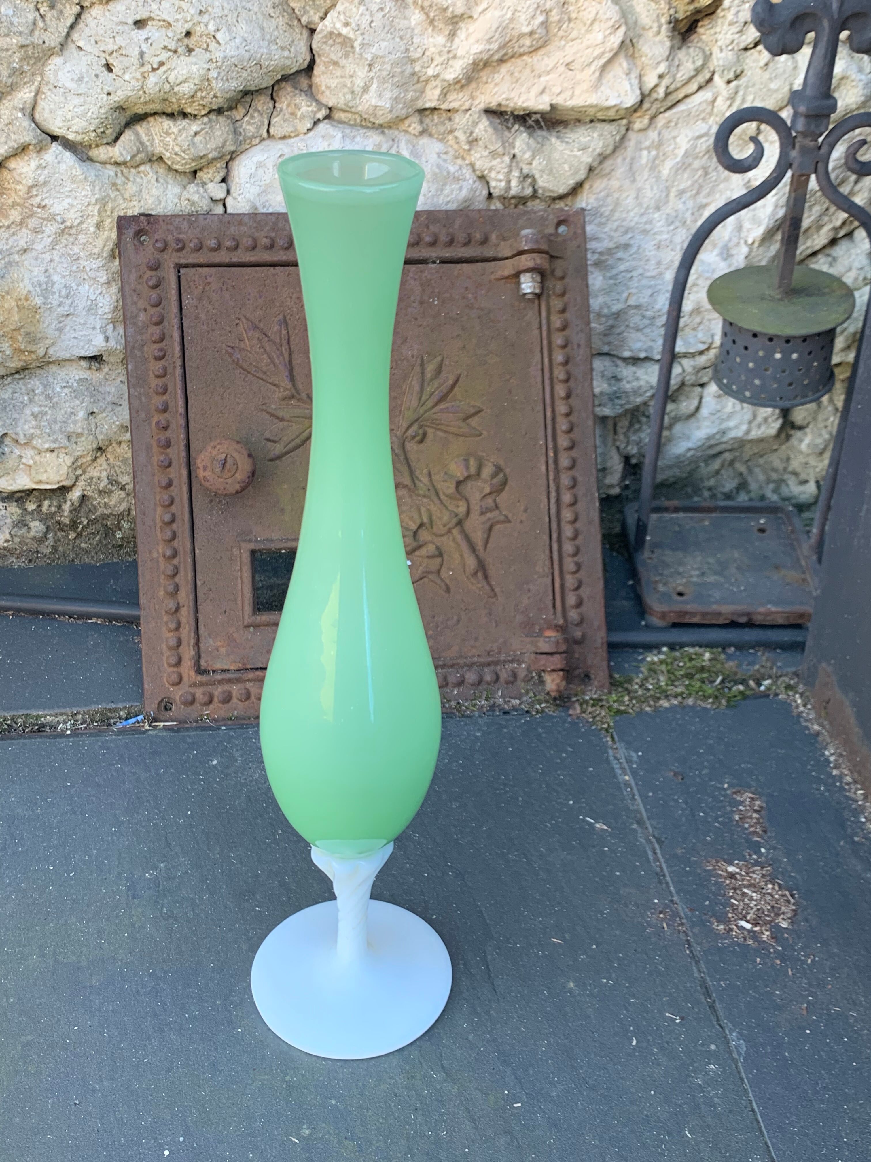 Vintage green and white opaline soliflore vase