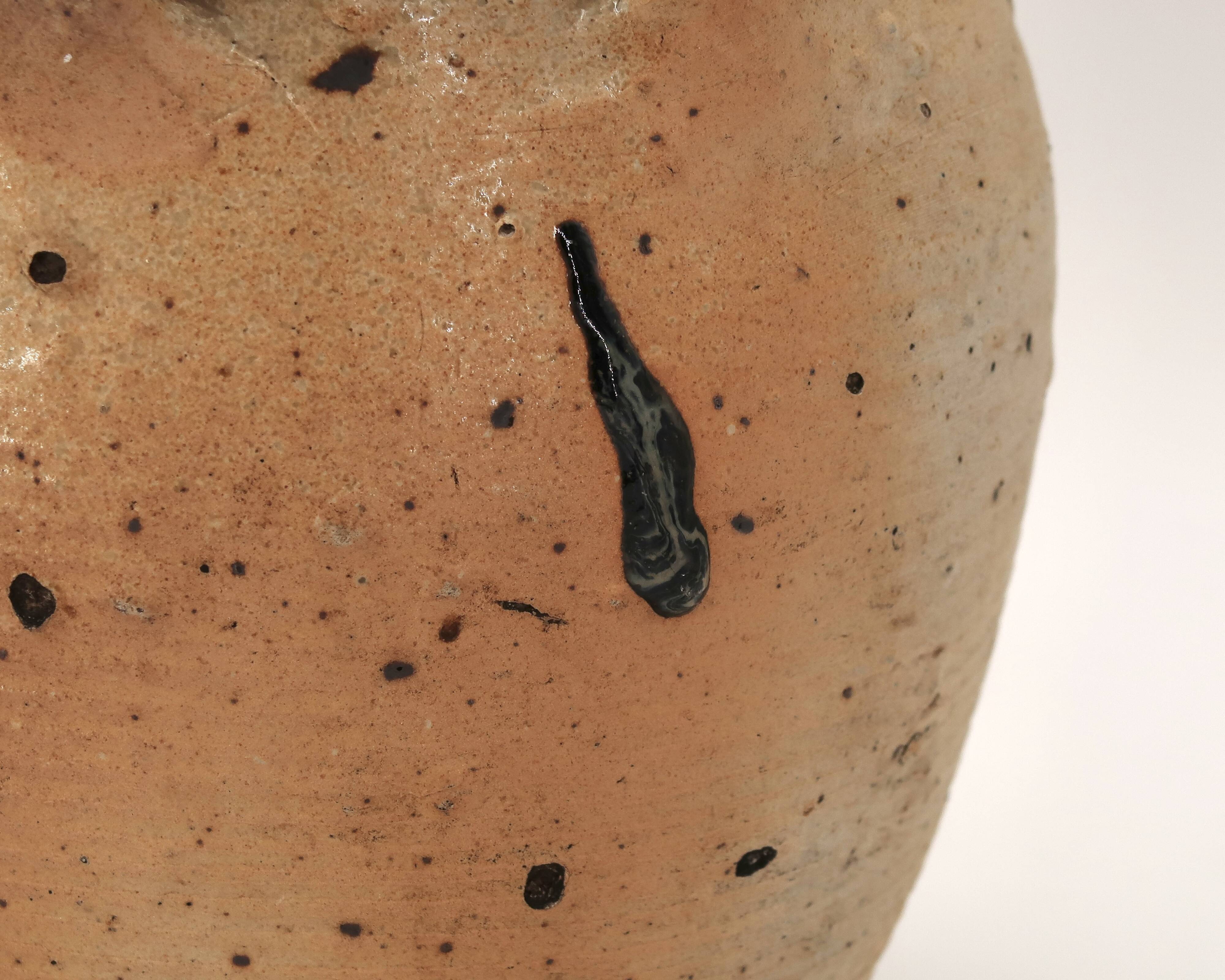 Traditional wabi-sabi stoneware ceramic jar with handles, 1900