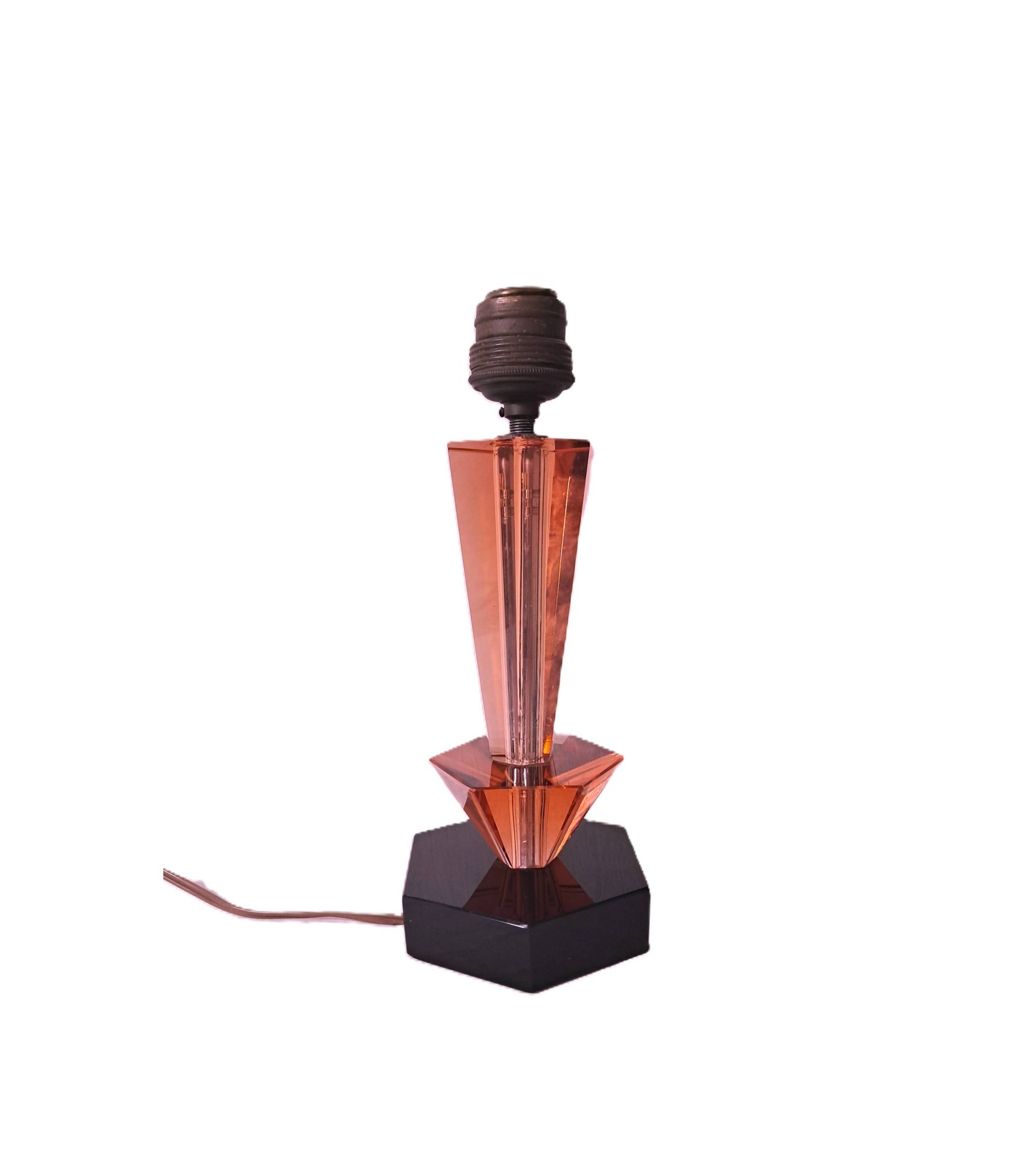 Art Deco style table lamp base in black and pink Bohemian crystal.
