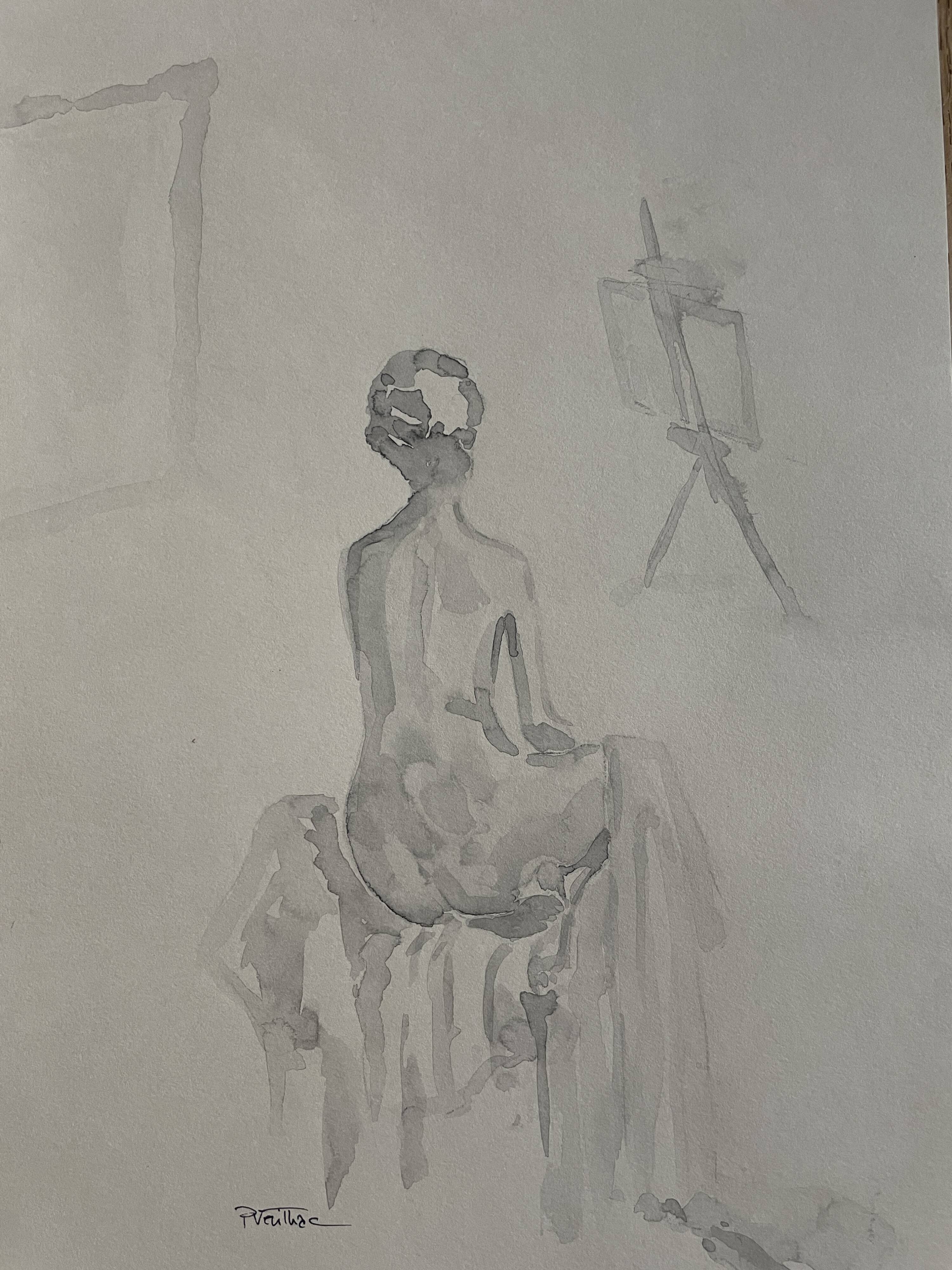 Painting signed monochrome sepia watercolor “female model in the workshop”