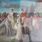Tableau ancien à l'huile représentant une scène équestre