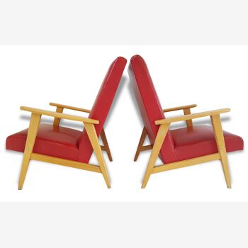 Paire de fauteuils skai rouge & chêne clair 1950 vintage années 50 zazou rockabilly chairs