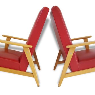 Pair of Red leatherette chairs & light oak 1950 vintage 50s rockabilly chairs zazou