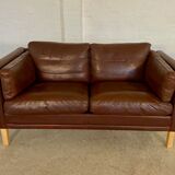 Danish mid-century vintage Mogens Hansen 2 person cognac brown leather sofa 60s