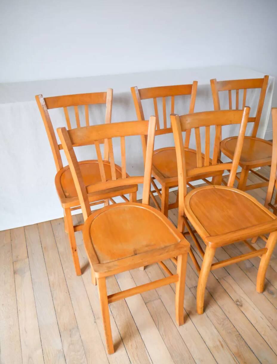 Set of 6 luterma blond wood bistro chairs 1950